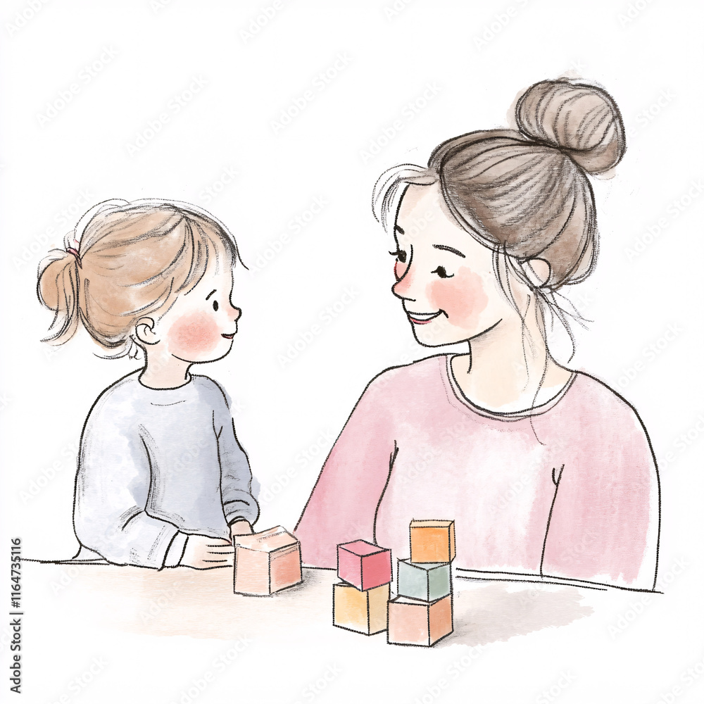 Watercolor Illustration of a Mother and Child Playing with Building Blocks, Emphasizing Family Bonding, Parenting, and Early Childhood Development Watercolor Illustration of a Mother and Child Playing with Building Blocks, Emphasizing Family Bonding, Parenting, and Early Childhood Development