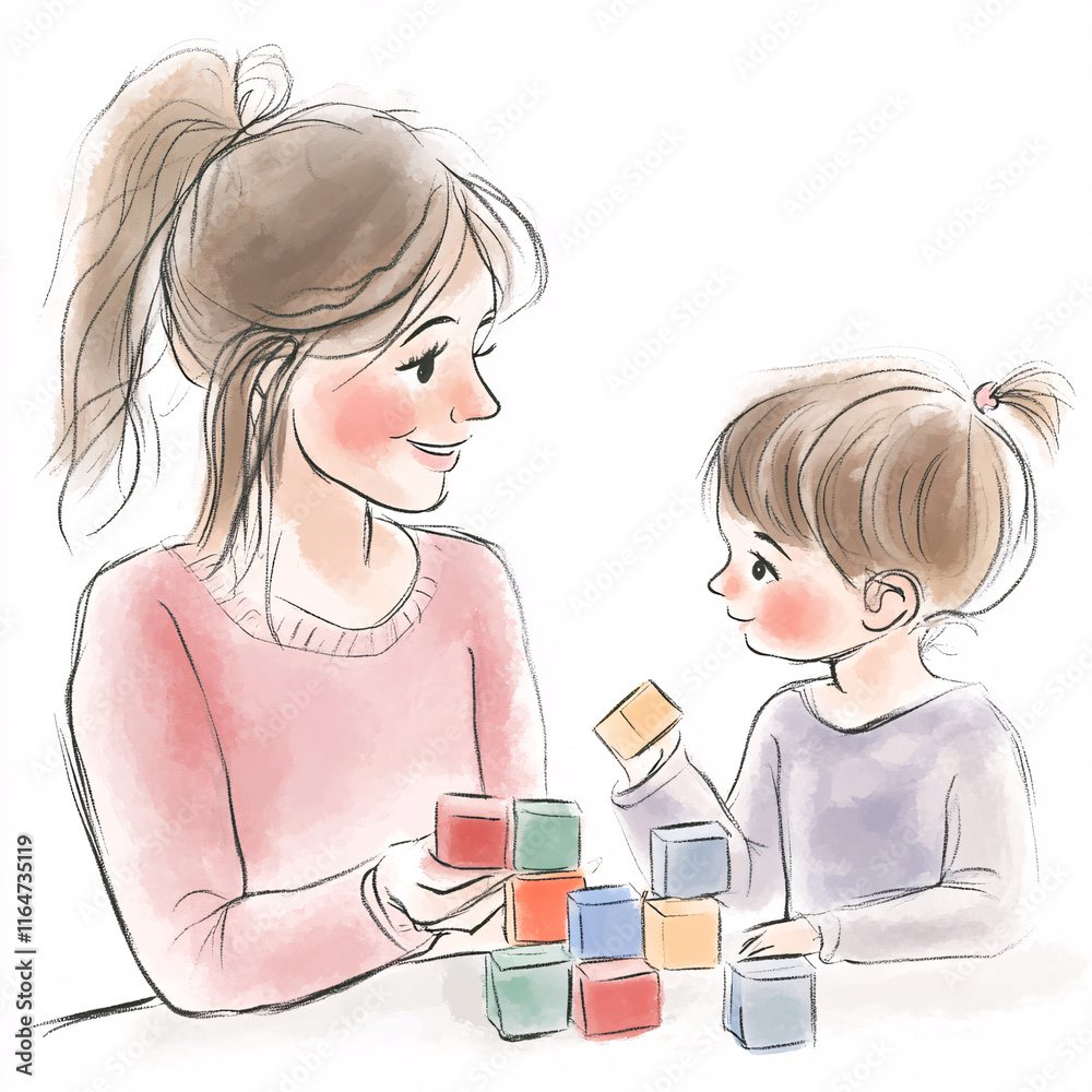 Watercolor Illustration of a Mother and Child Playing with Building Blocks, Emphasizing Family Bonding, Parenting, and Early Childhood Development Watercolor Illustration of a Mother and Child Playing with Building Blocks, Emphasizing Family Bonding, Parenting, and Early Childhood Development
