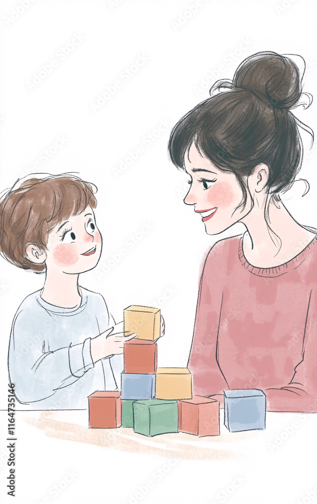 Watercolor Illustration of a Mother and Child Playing with Building Blocks, Emphasizing Family Bonding, Parenting, and Early Childhood Development Watercolor Illustration of a Mother and Child Playing with Building Blocks, Emphasizing Family Bonding, Parenting, and Early Childhood Development