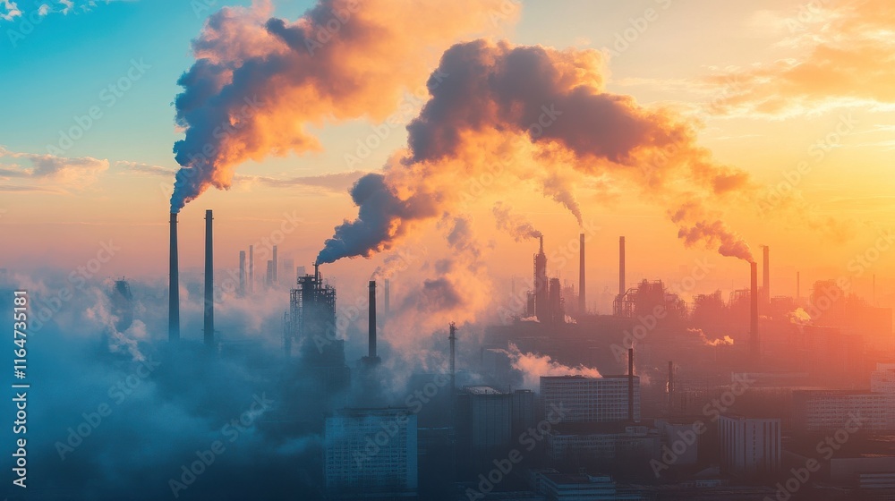 Industrial Emissions Against Blue Sky at Sunrise Industrial Emissions Against Blue Sky at Sunrise