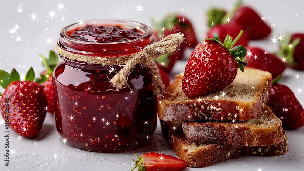 Strawberry jam on the bread. Strawberry jam. Jars of sweet strawberry jam, fresh berries and bread on table. Looped effect. Loop particles. Loop background. Generated AI.