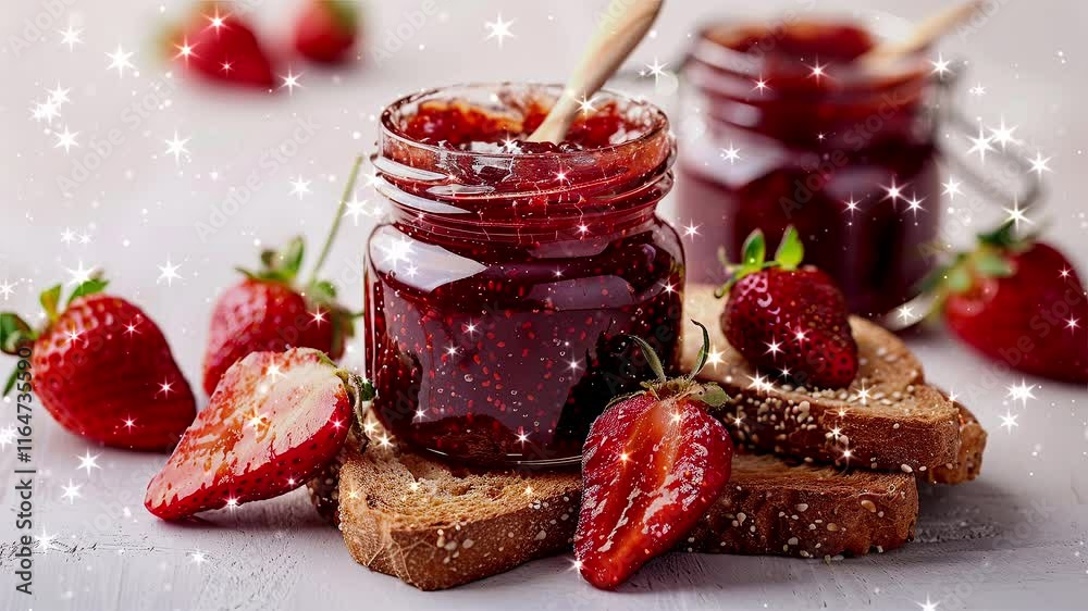 Strawberry jam on the bread. Strawberry jam. Jars of sweet strawberry jam, fresh berries and bread on table. Looped effect. Loop particles. Loop background. Generated AI.