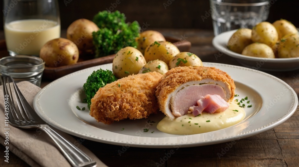 Golden Breaded Chicken Cordon Bleu with Cream Sauce and Potatoes Golden Breaded Chicken Cordon Bleu with Cream Sauce and Potatoes