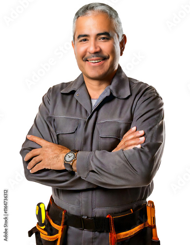 older Hispanic handyman wearing gray shirt and black tool belt, isolated on white transparent background