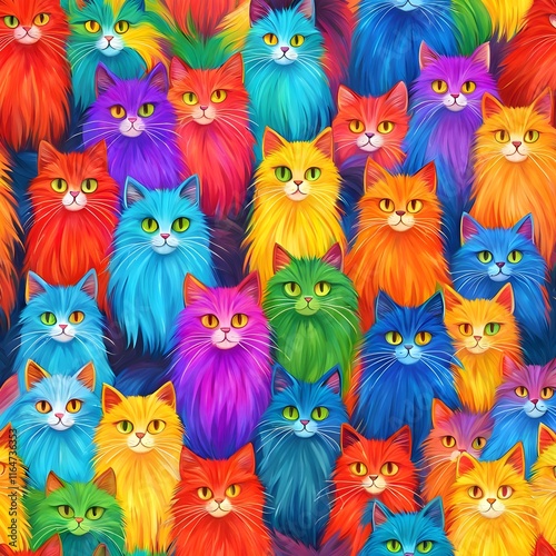 Digital matte painting with a cat's mane in colorful paints. The drawing is drawn in a cartoon style