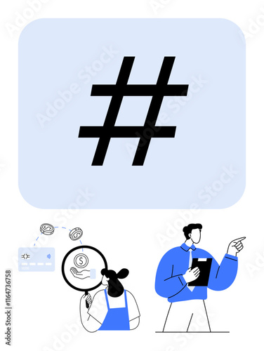 Large black metadata tag symbol, person considering online payment options, professionals discussing digital marketing plans. Ideal for content strategy, social media, networking, communication