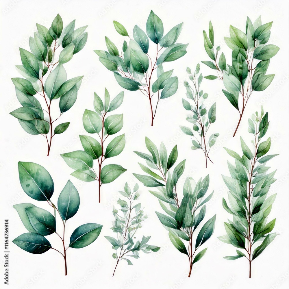 Fototapeta premium Watercolor floral illustration set - green leaf branches collection, for wedding stationary, greetings, wallpapers, fashion, background. Eucalyptus, olive, green leaves, etc.