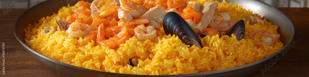 Delicious Spanish Paella with Saffron Infused Rice, Fresh Seafood, Shrimp, Mussels, Chicken, Traditional Flavorful Dish, Authentic Taste and Vibrant Colors Delicious Spanish Paella with Saffron Infused Rice, Fresh Seafood, Shrimp, Mussels, Chicken, Traditional Flavorful Dish, Authentic Taste and Vibrant Colors