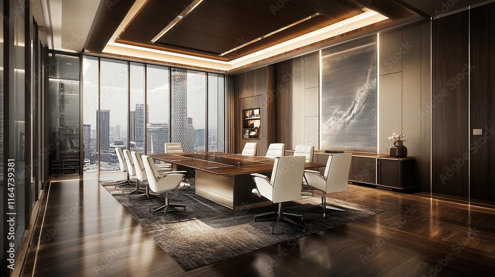 Naklejka premium Modern Luxury Boardroom with Panoramic City View