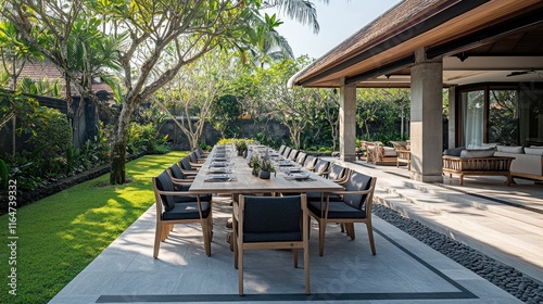 A refined image of a stylish outdoor dining area, offering a luxurious alfresco dining experience in a garden villa setting. photo