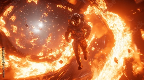 In a scene reminiscent of a sci-fi movie, an astronaut flees a fire aboard a spaceship, racing through the spacecraft or space station as disaster strikes. photo