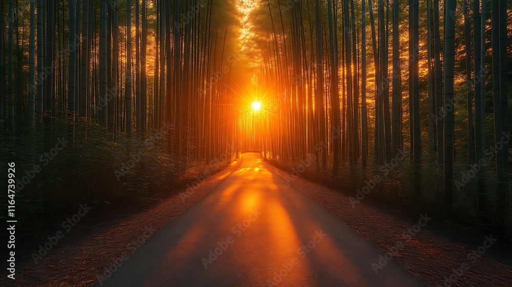Fototapeta premium Sunset Path Through Golden Bamboo Forest