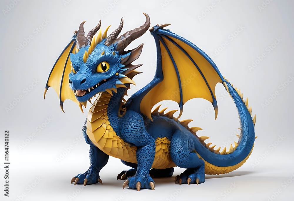 Fototapeta premium Cute Blue Dragon with Yellow Wings in Studio Setting. Generative AI