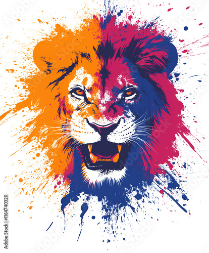 Colorful splash art of a lion face, isolated on white background