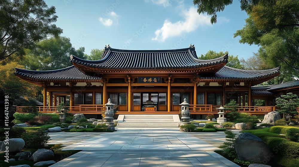 Fototapeta premium Tranquil Asian Temple Amidst Lush Green Gardens
