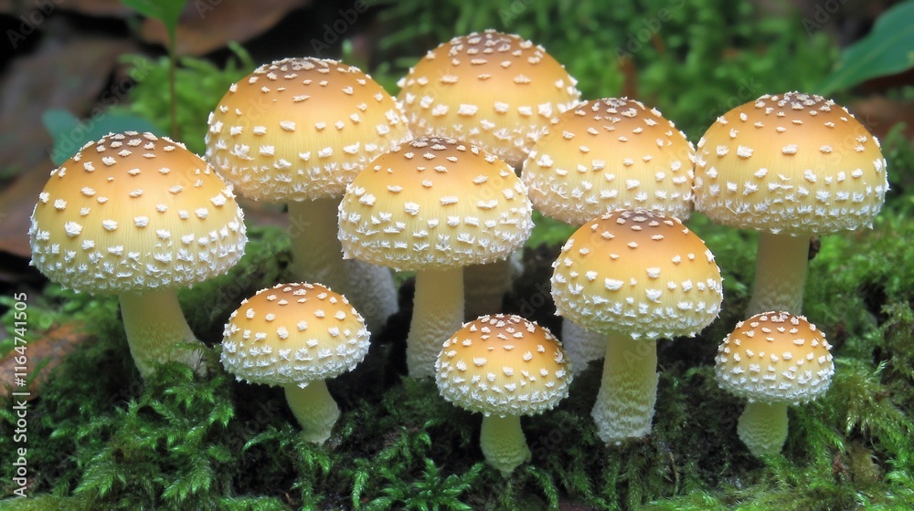 Obraz premium Cluster of Pale Yellow Mushrooms in Mossy Forest