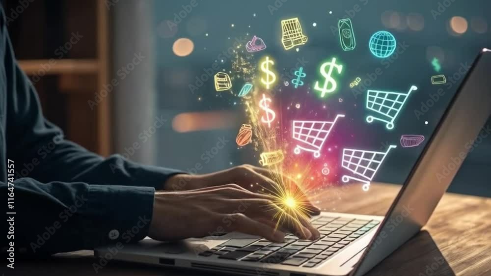 A woman engaging in online shopping on a laptop, surrounded by colorful icons floating above a shopping cart