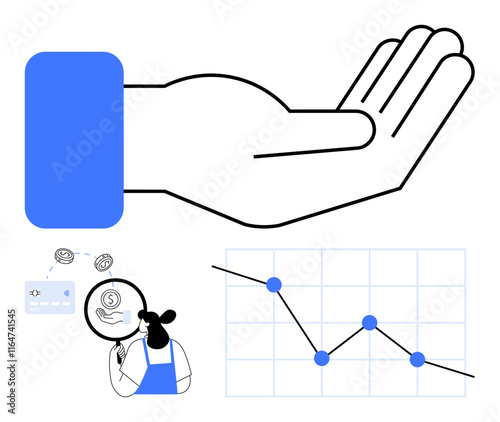 Open hand awaiting help, declining financial graph, person with magnifying glass analyzing money. Ideal for business decline, financial crisis, investment loss, economic downturn, market analysis