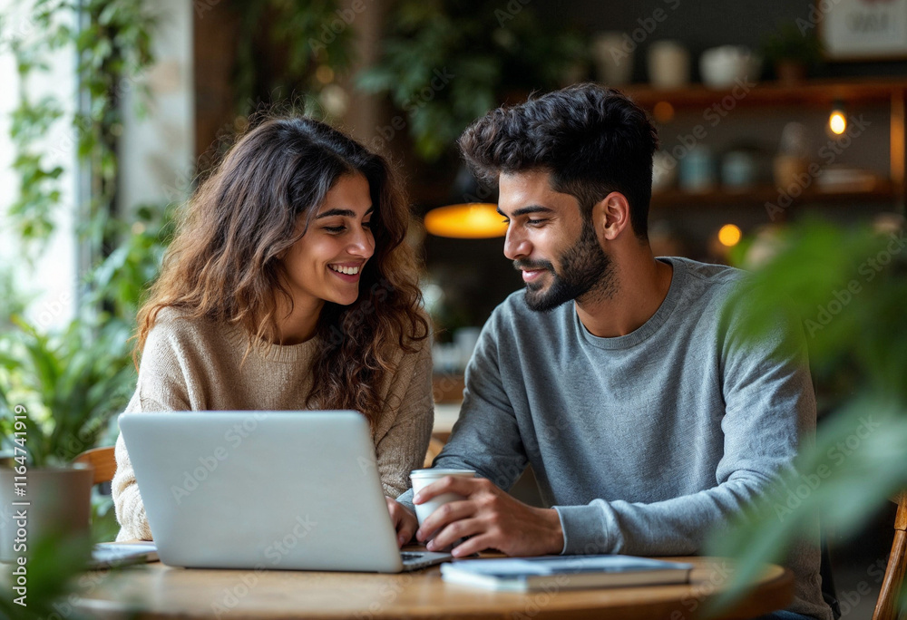 Happy couple working together on laptop at cafe.