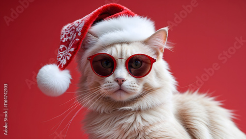 Сute fluffy cat in a Christmas hat is isolated on an red background, looking into the camera. Cat Santa in a Christmas hat on an red background. Christmas concept.