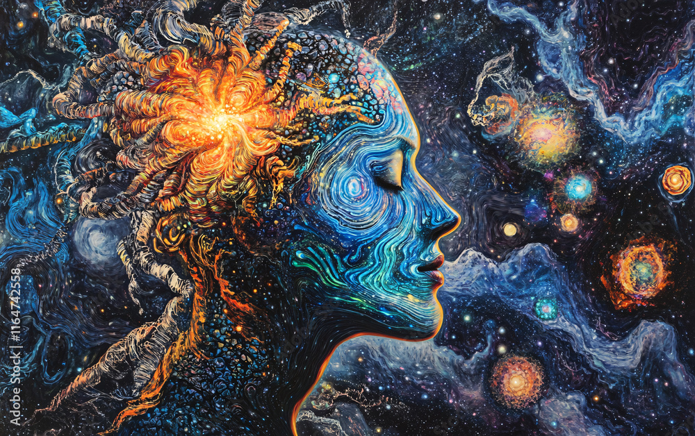 Futuristic Digital Illustration of a Human Profile with Neural and Cosmic Patterns, Highlighting Artificial Intelligence, Consciousness, and Technological Innovation Futuristic Digital Illustration of a Human Profile with Neural and Cosmic Patterns, Highlighting Artificial Intelligence, Consciousness, and Technological Innovation