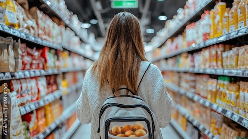 A young woman with a backpack walks through a supermarket aisle filled with various food products. photo