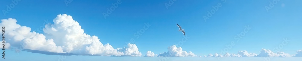 Clear blue sky with fluffy white clouds and a lone seagull flying in the distance, Bird, Gull, Serene Clear blue sky with fluffy white clouds and a lone seagull flying in the distance, Bird, Gull, Serene
