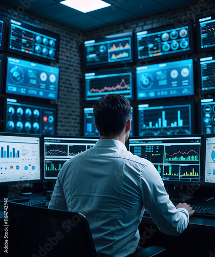 Technical Controller Working at His Workstation with Multiple Displays. Displays Show Various Technical Information. He's Alone in System Control Center.