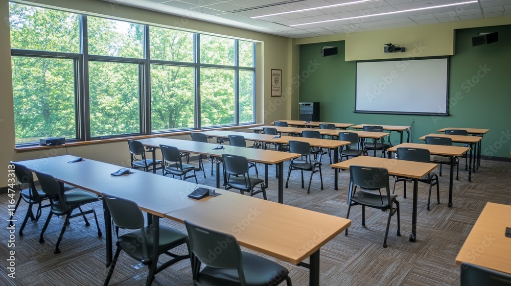 Modern Classroom with Large Windows and Projection Screen
