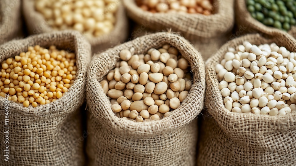Fototapeta premium Assorted legumes in burlap sacks, a diverse collection of pulses and beans.