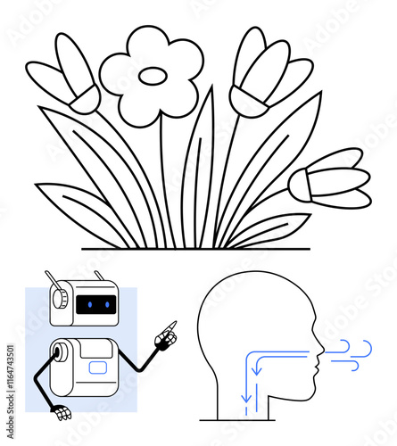 Flowers with leaves blooming plants human head with breathing pathways, and a robot with waving hand. Ideal for teaching, nature, healthcare, technology, education, robotics, and biology. Line