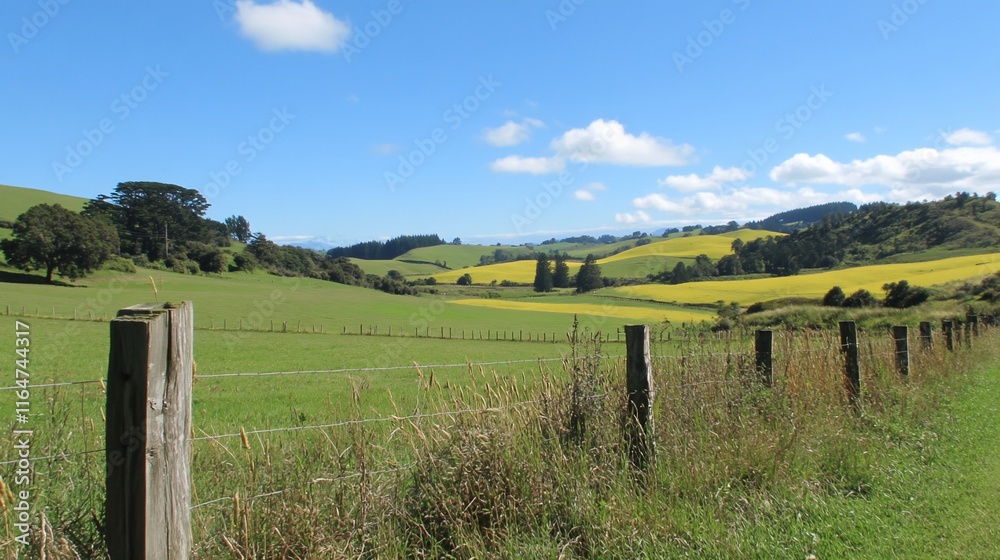 Serene Rolling Hills and Yellow Fields under a Sunny Sky Serene Rolling Hills and Yellow Fields under a Sunny Sky