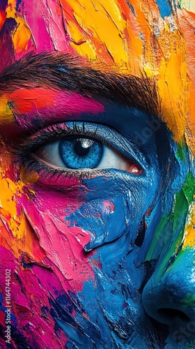 Close-up of a vibrant eye with colorful paint strokes.