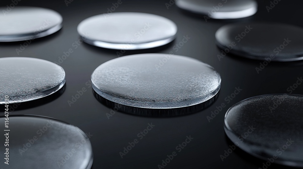 Close-up of frosted glass circles on dark surface. Close-up of frosted glass circles on dark surface.