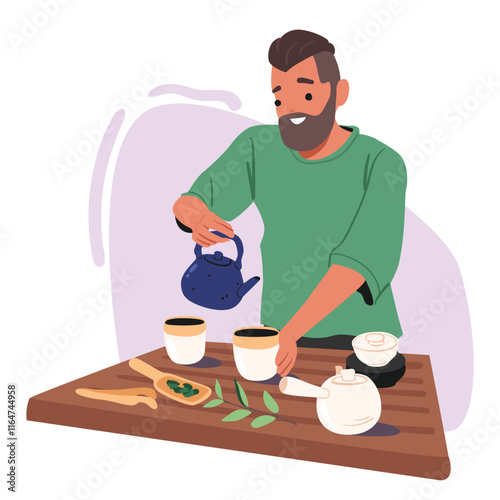 Hipster man brewing traditional asian tea pouring hot water for authentic oriental ceremony