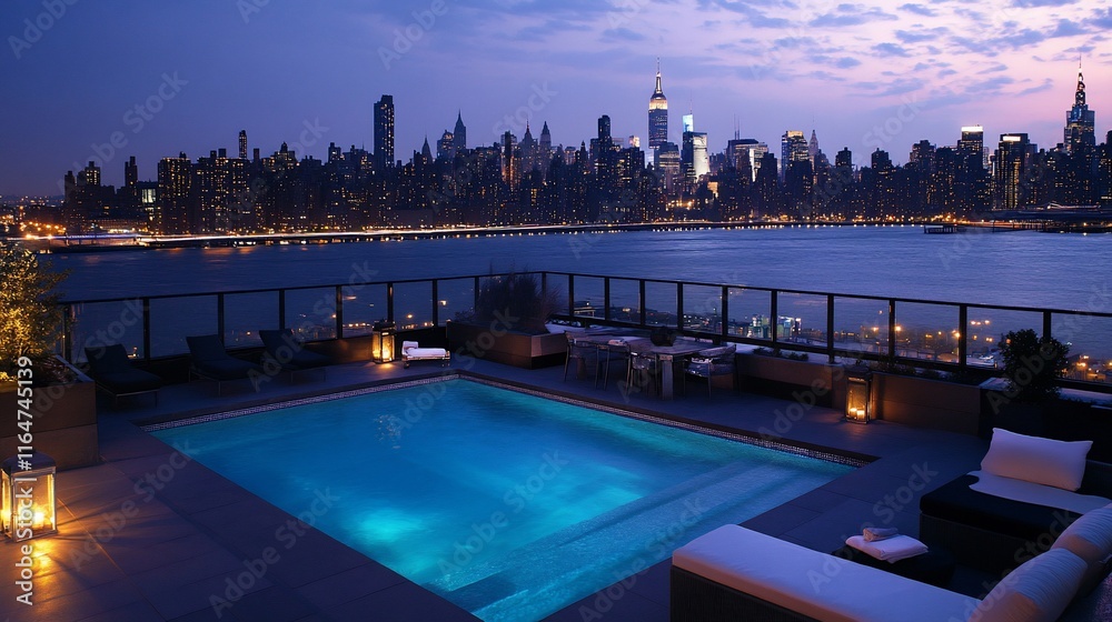 Fototapeta premium Rooftop Pool with Stunning Cityscape View at Night