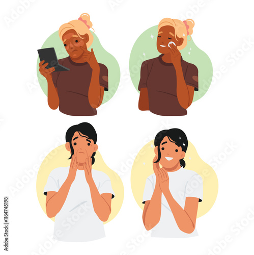 Woman suffering from face skin problem before or after cosmetology beauty procedure applying set