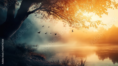 A tree with birds flying in the background