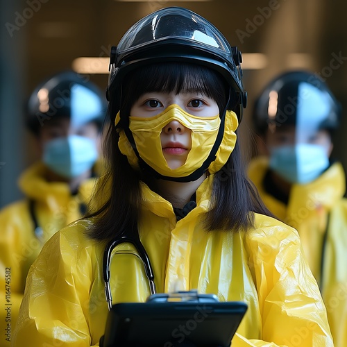 Young Woman in Yellow Hazmat Suit and Unique Mask: A Striking Portrait photo