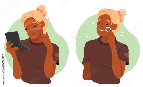 Upset young woman with problematic face skin before and after cosmetology treatment procedure