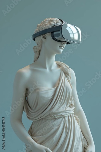 Marble Greek statue wearing virtual reality headset, blending classical art with modern technology, perfect for tech companies, VR marketing, education, and innovation concepts.