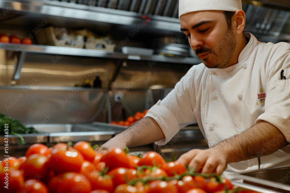 Chef arranging fresh tomatoes in the kitchen. High quality photo Chef arranging fresh tomatoes in the kitchen. High quality photo