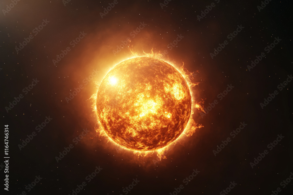 Fototapeta premium Illustration of a sun with glowing corona on a black space background with stars, cosmic image
