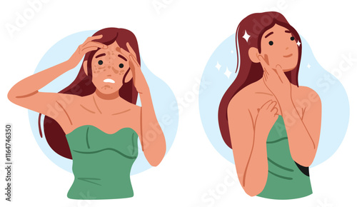 Young woman cartoon character suffering from face skin pigmentation applying cosmetics for treatment