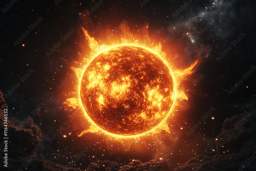 Obraz premium Illustration of a sun with glowing corona on a black space background with stars, cosmic image