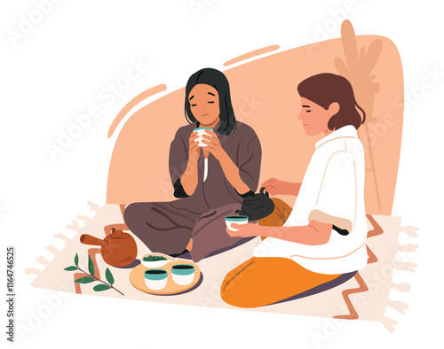 Girl friends cartoon characters tasting herbal asian tea enjoying traditional authentic ceremony