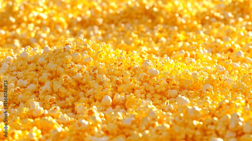Close-up View of Fluffy, Buttered Popcorn Piling Up on a Bright Yellow Background, Perfect for Movie Night and Snack Themes Close-up View of Fluffy, Buttered Popcorn Piling Up on a Bright Yellow Background, Perfect for Movie Night and Snack Themes