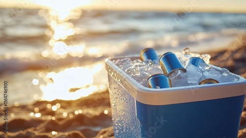 Coolers with ice and drinks on beach at sunset.