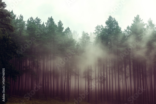 Misty landscape with mountains and dark moody fir forest in hipster vintage retro style photo