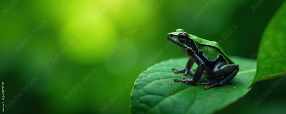 Dark shape of frog on leaf with blurred background, green leaves, frogs, nature Dark shape of frog on leaf with blurred background, green leaves, frogs, nature